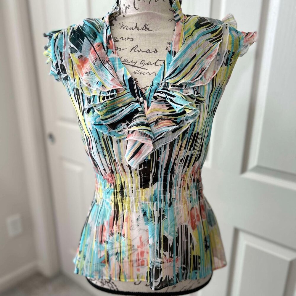 Womens Colorful Sheer Cap-Sleeved Ruffled Top with V-Neck & 3 Functional Buttons